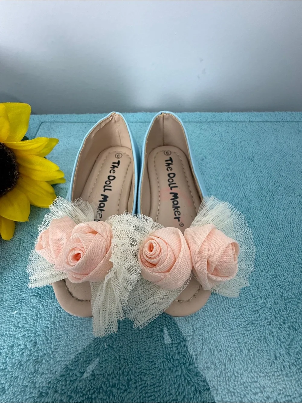 The Doll Maker Girls' Light Blue Shoe Flats with Peach Rose